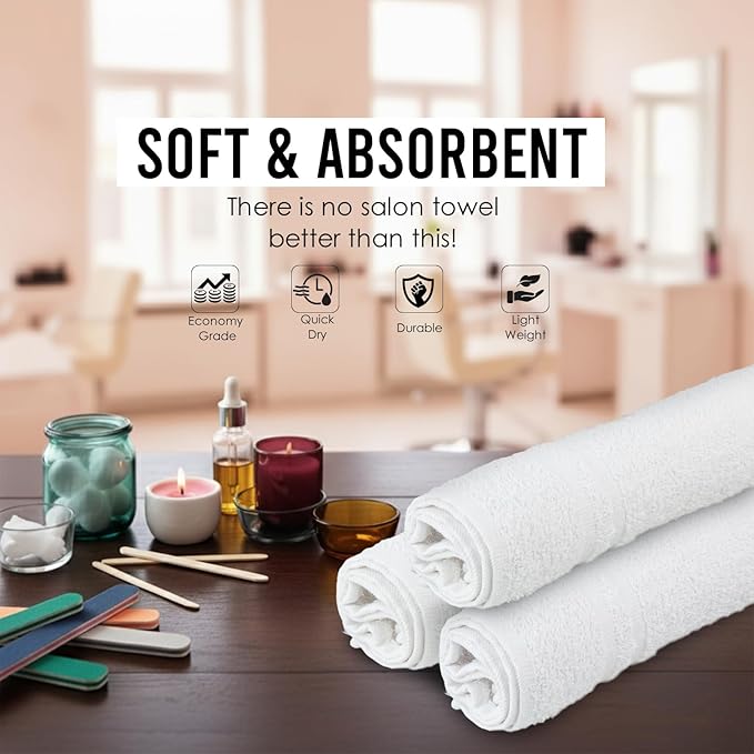 Hand Towels (Pack of 24) White Economy Towels Salon Towels - 100% Cotton Spa Towel – 16 x 27 Inches Highly Absorbable, Facial, Gym, Hair, Face Towel Bulk