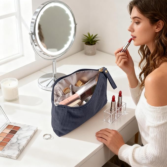 MAGEFY Small Makeup Bag, Corduroy Small Pouches for Purse Cosmetic Bag Makeup Pouches for Key Pocket Lipstick Bag Card Holder Data Cable Organizer(Grey,Small)