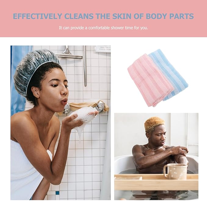 HEALLILY 2pcs Exfoliating Back Scrubber Straps Double-Sided Bath Towels for Body Skin Cleansing and Dead Skin Removal, Long Handle Shower Towels for Household Bath Use, Blue and Pink