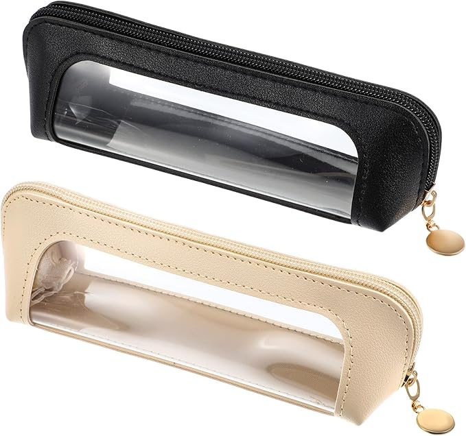 2Pcs Clear Makeup Brush Bag, Leather Slim Makeup Case, Portable Transparent Waterproof Cosmetic Pouch with Zipper, Double Sided Clear Bag for Women Travel Storage (White, Black)