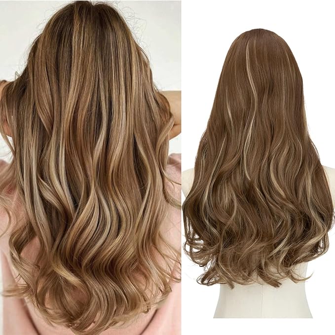 SARLA Clip in U Part Hair Extensions Synthetic Long Wavy Curly Thick Full Head Hairpiece for Women Brunette/Ash Blonde Highlights 24 Inch