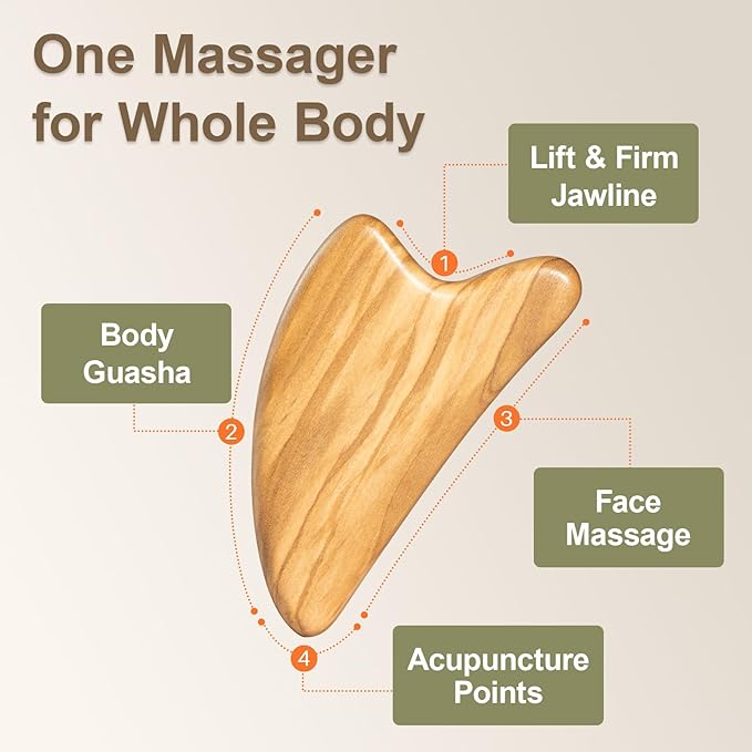 Gua Sha Tool for Face & Body - Natural Olive Wooden Lymphatic Drainage Massager, Facial Massage Tool for Jawline Sculpting & Puffiness Reducing, Skin Care Gift with Satin Pouch