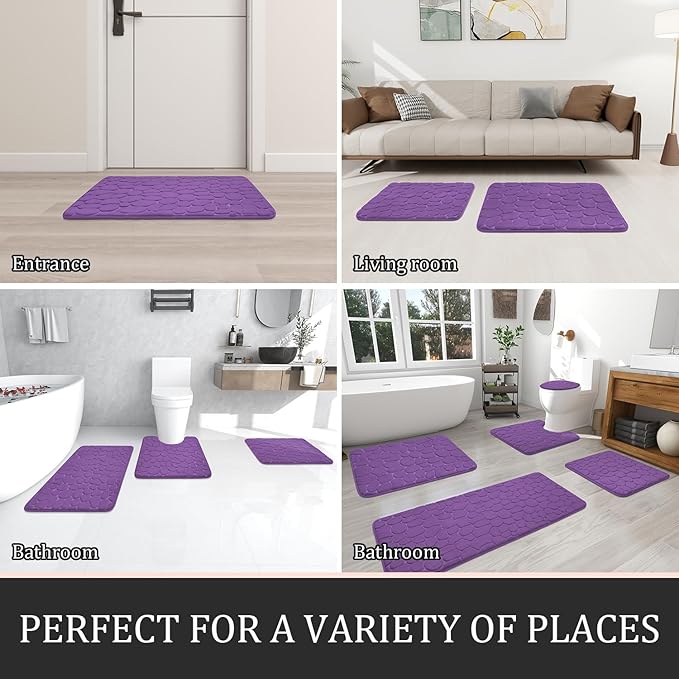 YIHOUSE Bathroom Rugs Mat Set 3 Piece Purple, Memory Foam Bath Mats Sets, Non Slip Water Absorbent Washable Bath Rugs for Sink, Toilet and Floor
