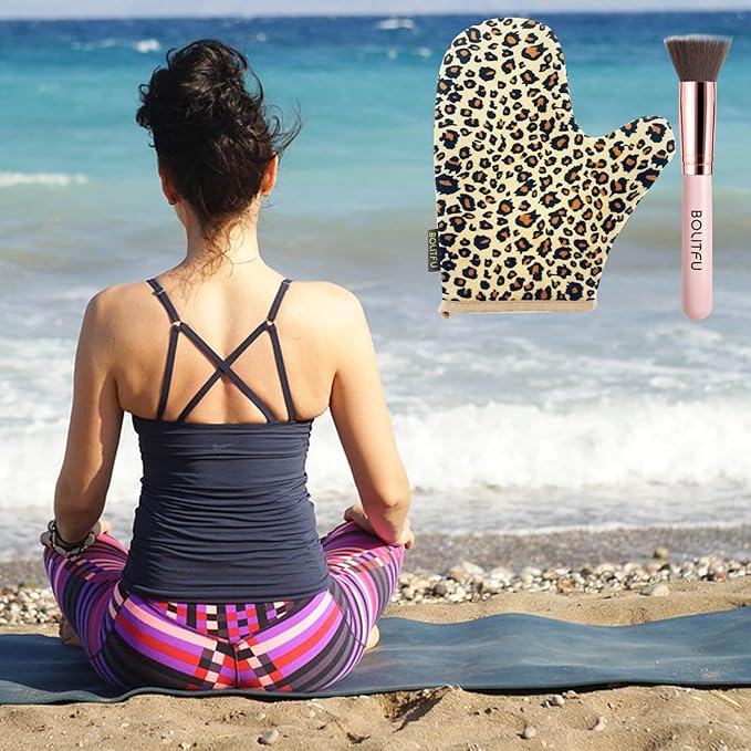 2 Pack Self Tanning Mitt Applicator Kit Set, Self Tanning Glove and Self Tanner Flat Top Brush, Tan Applicator for Sunless Self Tan (Leopard)