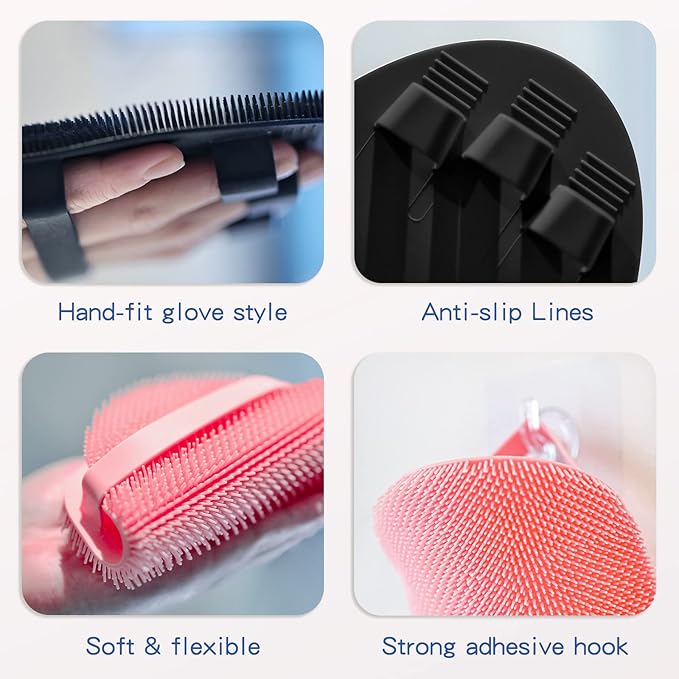 Manmihealth Silicone Back Scrubber & Soft Bath Glove Set 4 PCS(Thin Bristles), Super-Exfoliating Body Scrubber & Super-Lathering Shower Brush Combination, with 2 Free Hooks (Black)