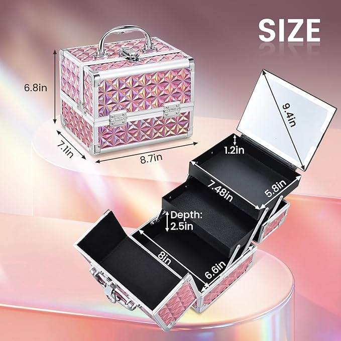 Makeup Case with Lighted Mirror Travel Makeup Organizer Box Portable Lockable 2 Trays Cosmetic Train Case with LED Mirror for Girls Make up Nail Kits Sewing Vanity Storage Case, Shiny Pink