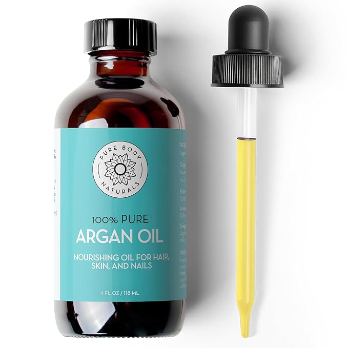 Pure Body Naturals Argan Oil for Skin and Face - 4 fl oz Cold Pressed, Light, Non-Greasy, Nourishing Pure Argan Oil for Hair - Aceite de Argan