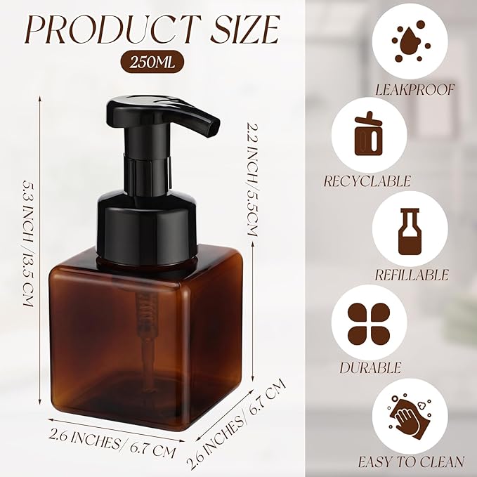 Domensi 12 Pcs Foam Pump Bottle Foaming Soap Dispenser Empty Travel Foaming Dispenser 8.5 oz Refillable Hand Soap Plastic Pump Bottle Travel Clear Container for Bathroom Vanities (Brown)