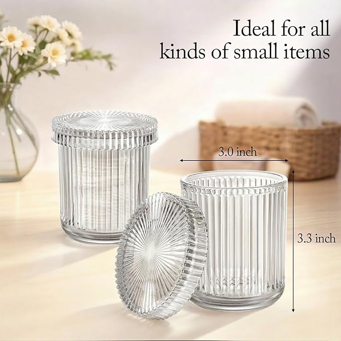 SheeChung 2-Pack Ribbed Glass Apothecary Jars - Clear Qtip Holder Dispenser Set - Vintage Bathroom Vanity Organizer for Cotton Swabs, Balls, Pads, Floss Picks - Modern Farmhouse Decor