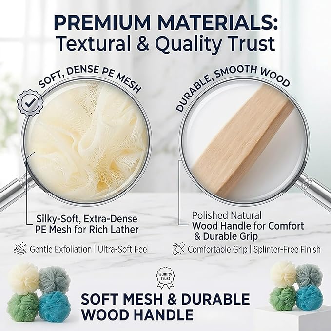 4 Pack Large Bath Puff Loofah Sponge with Long Handle Shower Loofah, Bath Body Back Brush, Spa Brush for Women and Men(4 Color)