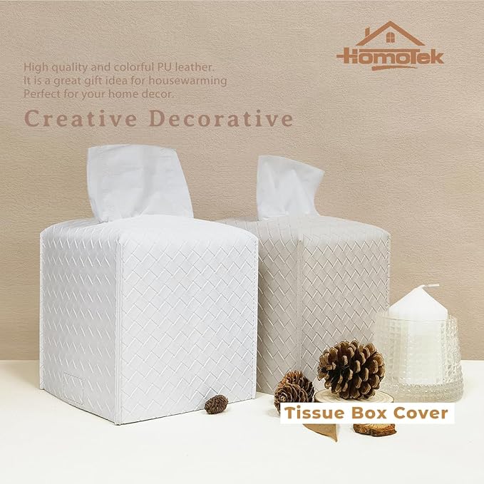 HOMOTEK 2 Pack Tissue Box Cover,PU Leather Tissue Holder,Square Decorative Facial Tissue Cube Paper Organizer Dispenser for Bathroom, Night Stands, Desk, Car 5X5X5'' - Woven Waffle, Pure White
