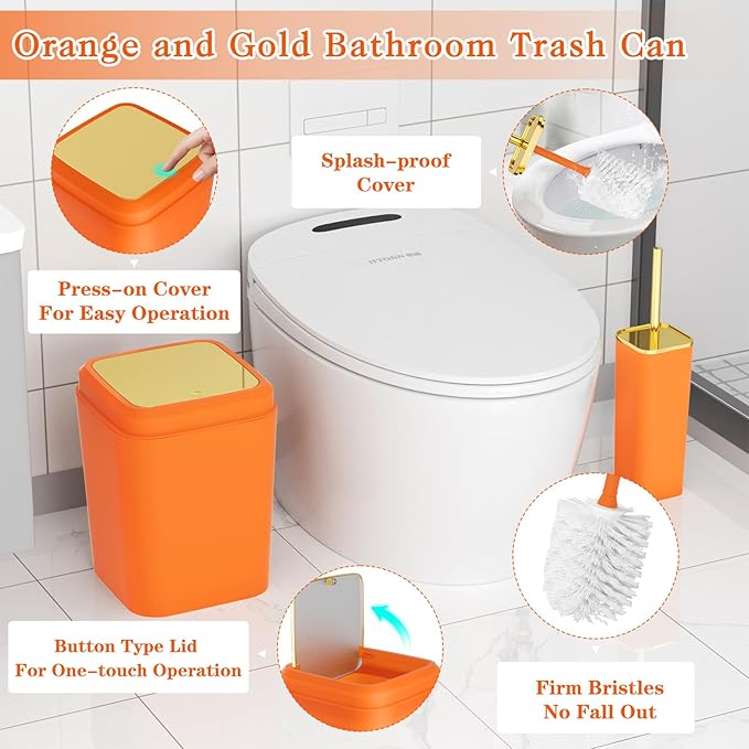 Bathroom Accessories Set - Luxury Orange Bathroom Set, 9 Pieces Bathroom Accessory Set, Orange Bathroom Accessories with Trash Can, Toilet Brush & Soap Dispenser