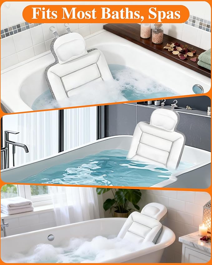 Full Body Bath Pillow for Bathtub, Thick Luxury Bathtub Cushion with Movable Lumbar Support and Laundry Bag, Bathtub Pillows for Head, Neck and Back Support, Bathtub Accessories for Women Spa Gift