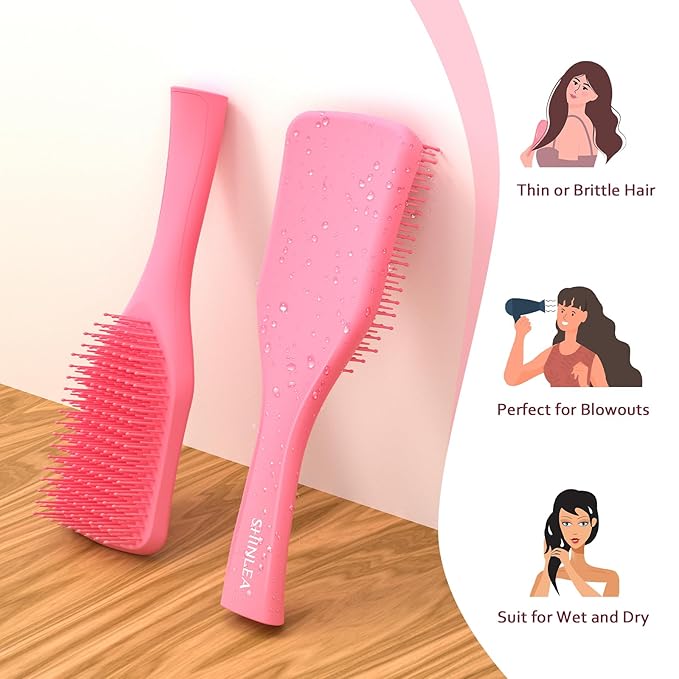 No Tangle Hair Brush for Wet or Dry, Wave-Shaped Detangler to Reduce Breakage, Lightweight Travel Hairbrush for Wavy, Thin, Long and Short Hair, Pink