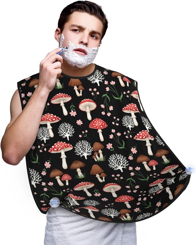 Beard Bib Apron for Men Shaving, Waterproof Non-Stick Hair Catcher with Suction Cups, Grooming Essential for Dad Husband, Cool Fall Leaves Red Mushrooms Black Shave Bib