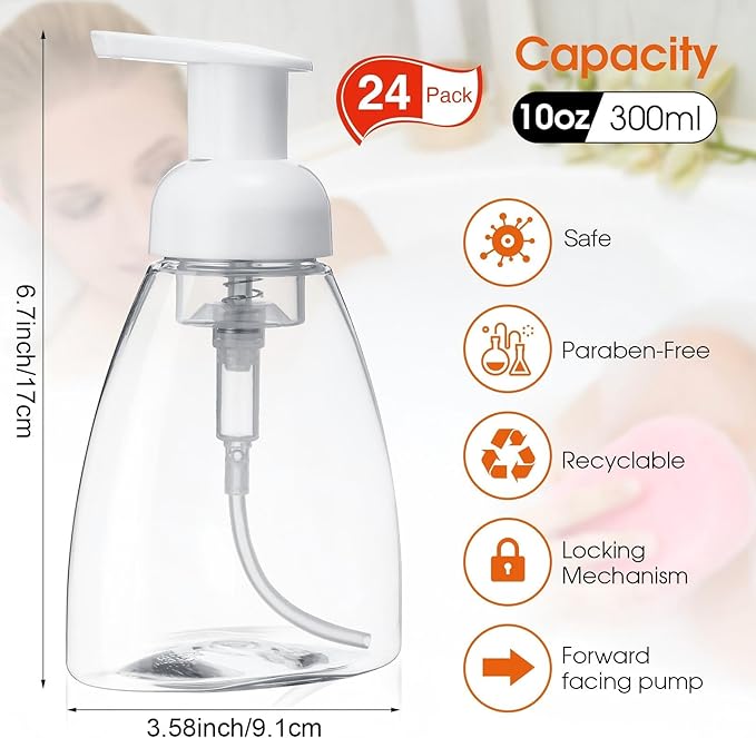 Eboot 24 Pcs 10 oz Foaming Soap Dispenser Foaming Pump Bottle Travel Hand Soap Pump Foam Dispenser Bottle Plastic Press Bottles Empty Refillable Plastic Container for Liquid Shampoo