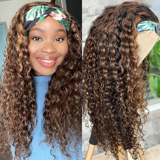 XSY Deep Wave Headband Wig Human Hair Highlight Ombre Headband Wigs for Black Women Curly Headband Wig 4/27# 150% Density 24 Inch