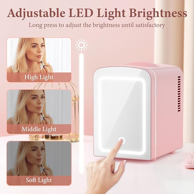 Xbeauty Skincare Mini Fridge With Dimmable LED Mirror, 4L Mini Makeup Refrigerator for SkinCare, Cosmetics, Food & Drinks, Portable Small Refrigerator for Bedroom, Dorm, Car, Office, Pink