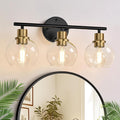 3-Light Bathroom Light Fixtures, Black and Gold Bathroom Lights Over Mirror with Clear Glass Globe Shade, Vanity Lights for Bathroom Kitchen Living Room Hallway Cabinet Bedroom Porch
