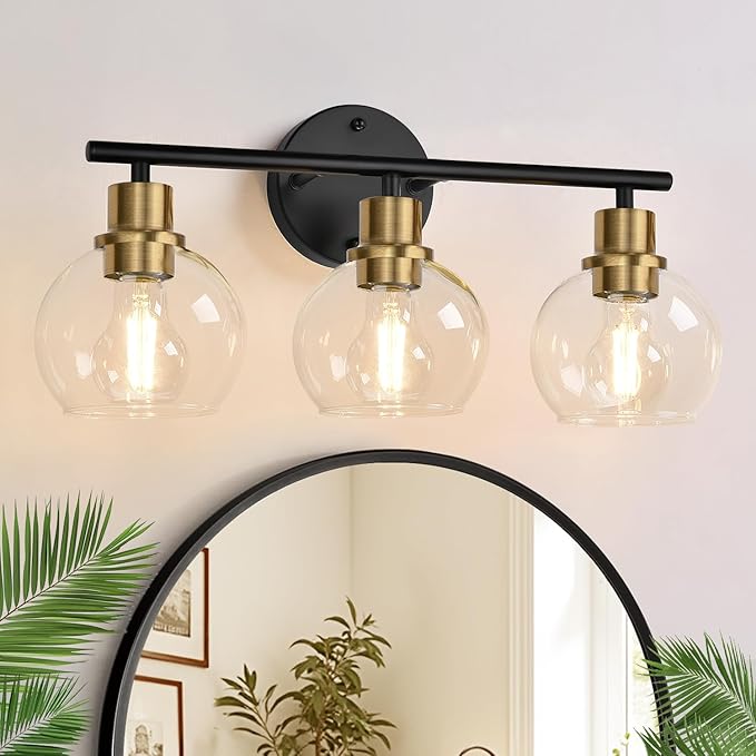 3-Light Bathroom Light Fixtures, Black and Gold Bathroom Lights Over Mirror with Clear Glass Globe Shade, Vanity Lights for Bathroom Kitchen Living Room Hallway Cabinet Bedroom Porch