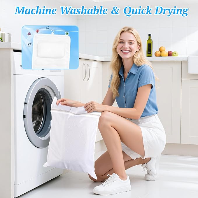 Bath Pillow for Tub with Laundry Bag & 17 Non-Slip Suction Cups, Extra Thick and Soft Bathtub Pillow for Head, Neck & Shoulder Support, 56" x 16" White
