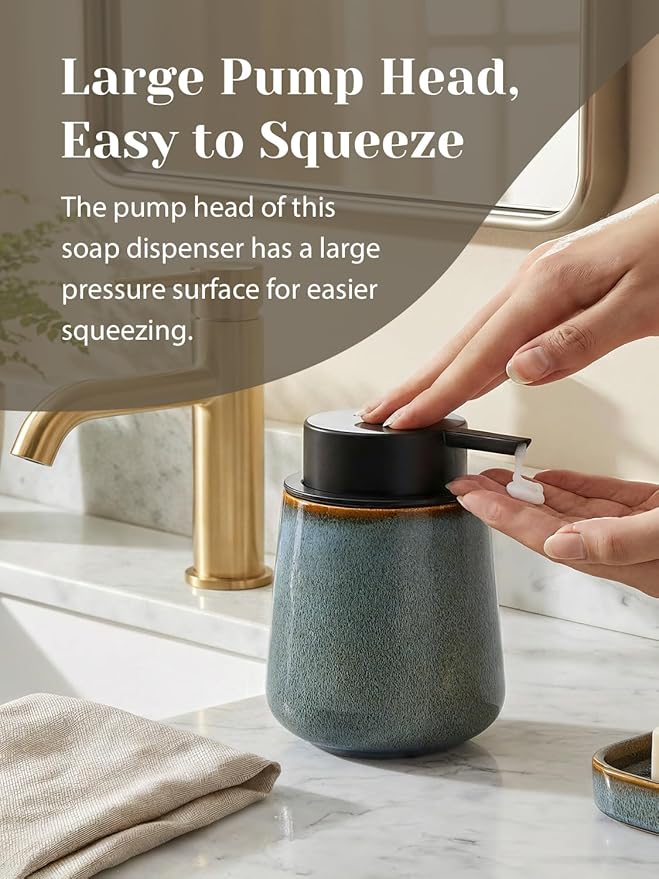INGOFIN Ceramic Lotion Dispenser - 12 oz Refillable Hand Soap Dispenser Bathroom, Modern Liquid Dispenser with Pump, Dish Soap Dispenser for Kitchen,Kiln-Glazed Blue Green