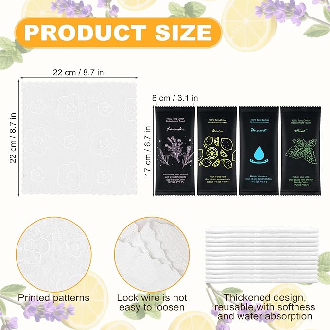 Moist Cotton Towel Bulk Moist Towelettes Individually Wrapped 8.7" x 8.7",White Towel Services,Refreshment Pre Moistened Towels Lavender Lemon,Mint and Unscented for Sport Party Spa (pack of 400)