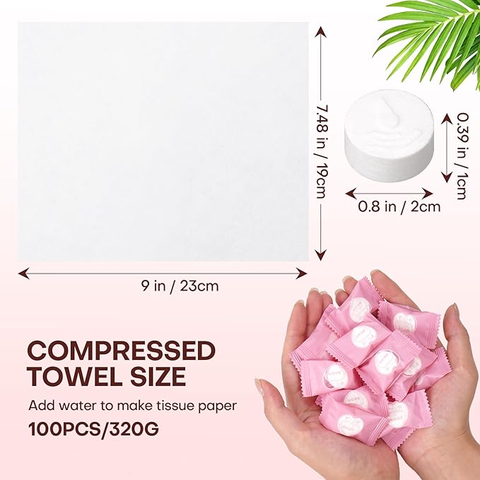 Compressed Towel Tablets 100 Count Disposable Face Towel Individually Wrapped 9×7.5 Inch Portable Washcloths Compact Cloths for Travel Essentials Camping Hotel Makeup Removal Cleaning (Pink)
