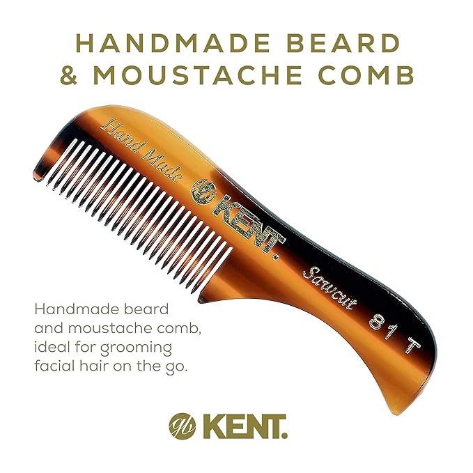 KENT 81T Handmade Beard Mustache Comb - Extra Small. Mini Fine Toothed Beard and Moustache Combs Pocket Size for Facial Hair Grooming. Hand-Made Saw-Cut & Polished,Made In England