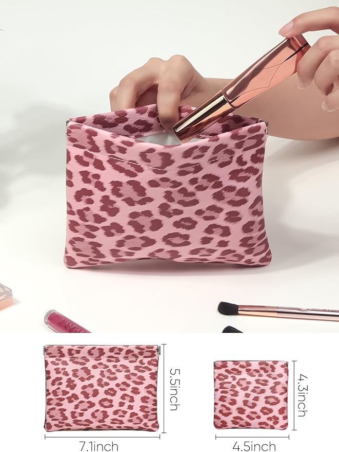 2 Leopard Leather Small Makeup Pouches Set for Women,Cosmetic Accessories,Waterproof and Portable Cosmetic Bags,Self-closing,No Zipper, Aesthetic Storage Pouch,Lipstick for Purse, Pink
