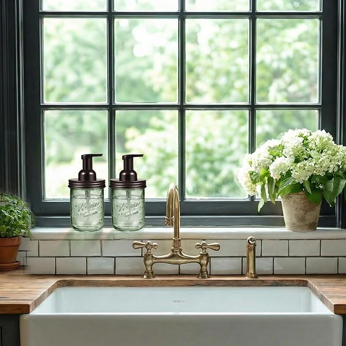 SheeChung Mason Jar Foaming Soap Dispenser, Stainless Steel Lid, BPA Free Pump, Green Glass Foam Hand Soap Dispenser, 16 Oz Refillable Liquid Foam Dispenser Bottle for Bathroom Kitchen-Bronze, 2 Pack