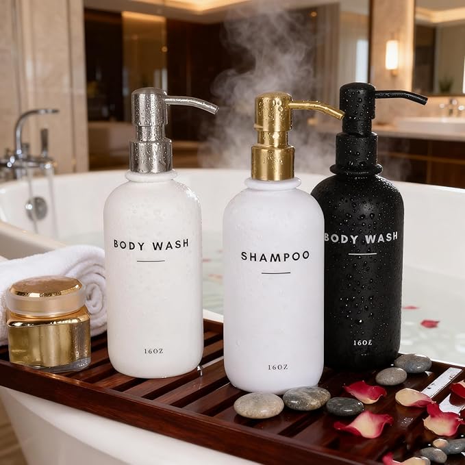 Set of 3 Shampoo and Conditioner Dispenser Stainless Steel Pump Head - 16oz Durable Shower Soap Dispenser and Shampoo Bottles - Easy to Refill Bathroom soap Dispenser Set Bathroom Decor with Labels
