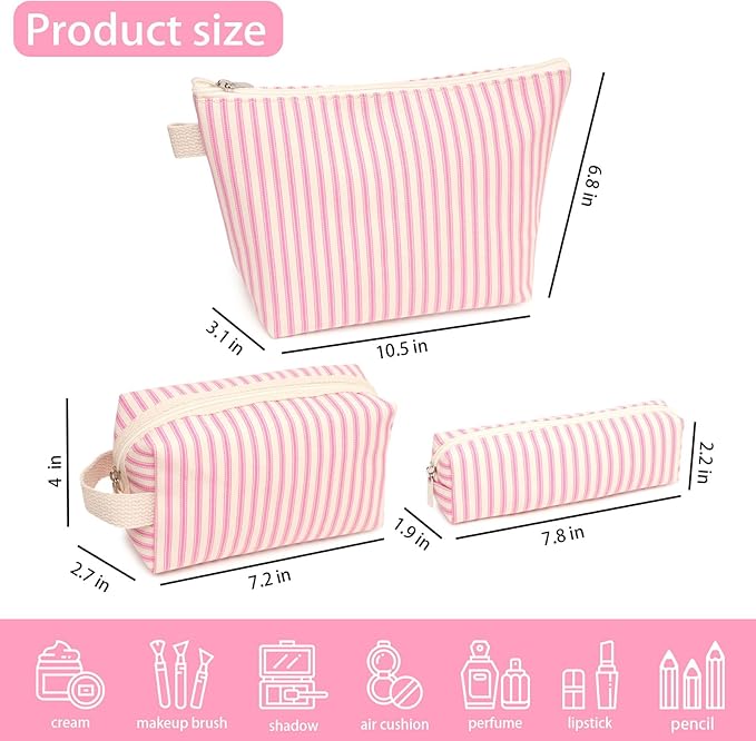 3 Pcs Canvas Makeup Bag Set Cosmetic Pouch for Women Travel Toiletry Bag Cute Makeup Organizer Purse Pouch Preppy Pencil Case with Zipper (Pink Pinstripes)