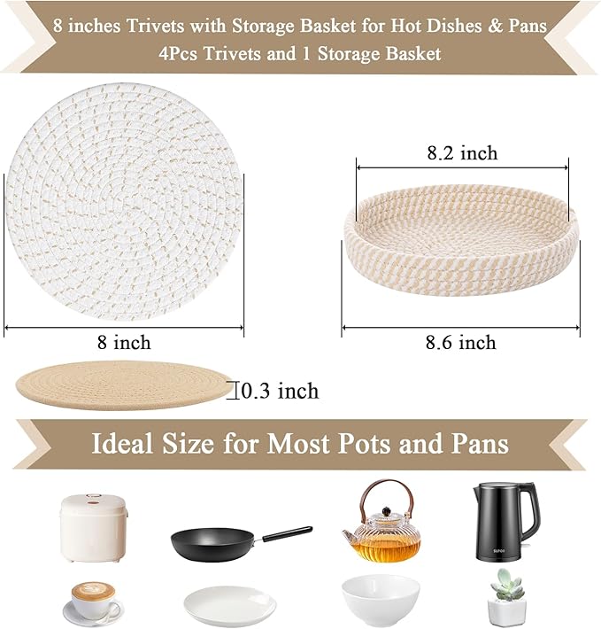 SHACOS 8 Inches Trivets for Hot Dishes, 4 Pieces Cotton Trivets Mats for Kitchen with Storage Basket, Hot Pads for Countertops and Table, Heat-Resistant Pot Holders for Hot Pots and Pans