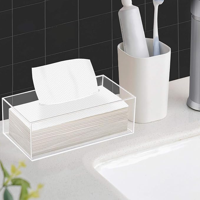 Clear Acrylic Tissue Box Holder, Rectangle Dispenser Tissue Box Cover for Bathroom, Bedroom Dresser, Countertop, Desk