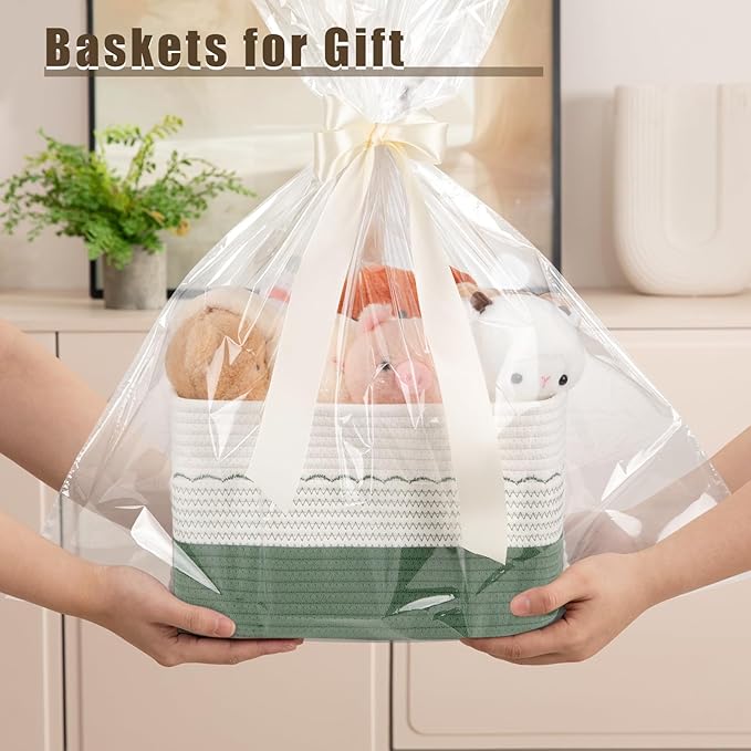 4 Pack Storage Baskets for Organizing, 13"X9"X7.87", Decorative Cotton Rope Baskets for Shelves, Small Woven Basket for Toys, Books and Towels, Green & White
