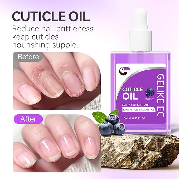Nail Cuticle Oil for Moisturize and Repair - Gelike EC Easy and Quick Absorb Cuticles Care Treatment - Natural Blueberry Smells for Women and Men Dry Damaged Thin Nails