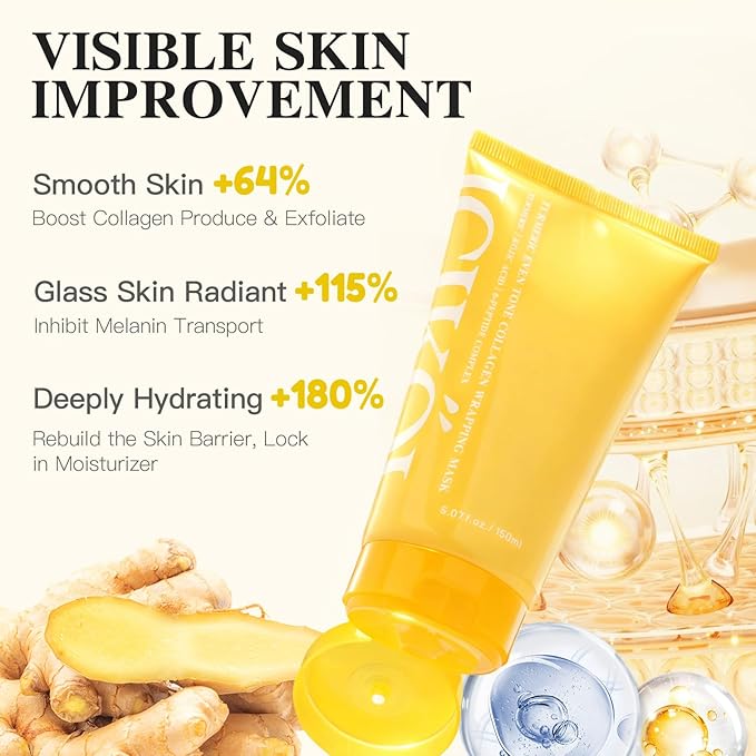 Turmeric Collagen Night Wrapping Mask, Kojic Acid Overnight Peel Off Face Masks with Vitamin C for Refresh Dullness Looking Skin, Hydrating Facial Masks Radiant Women Skin, 5.07 oz Large Size