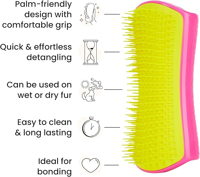 Pet Teezer Detangling Dog Grooming Brush, Dog Bath Brush for Long Haired Breeds and Wet or Dry Fur, Large, Pink & Yellow