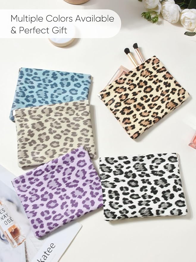 Leopard Leather Small Makeup Pouch for Women,Cosmetic Accessories,Waterproof and Portable Cosmetic Bag,Self-closing, No Zipper, Aesthetic Storage Pouch,Lipstick for Purse,Beige Brown