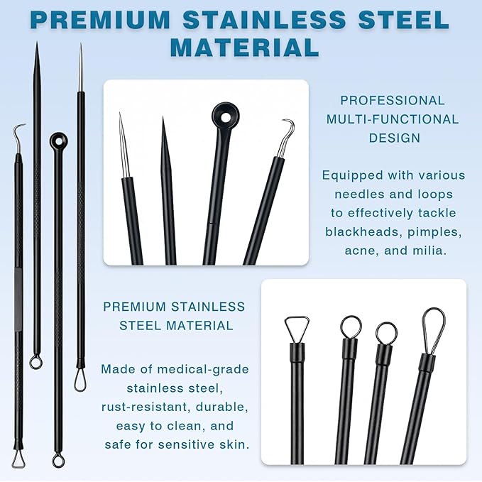 Blackhead Remover Tool Kit – 4-Piece Stainless Steel Acne & Pimple Set | Whitehead & Zit Extractor with Non-Slip Handles （2 Sets）