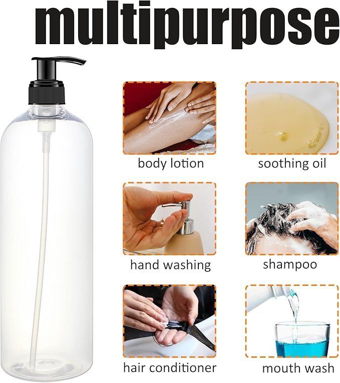 6 Pack 32 oz Shampoo and Conditioner Dispenser Bottles with Pump for Conditioner, Soap, Lotions, 32 oz Empty Plastic Pump Bottle Dispenser with Labels Funnel, Chalk,Pen
