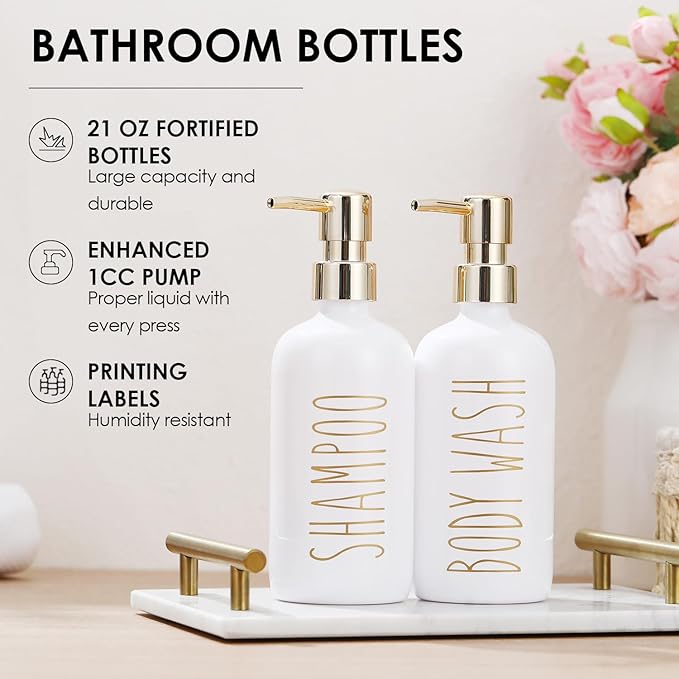 HOMCDALY Shampoo and Conditioner Dispenser Set of 3, 21oz Shower Soap Bottles with Pump, Refillable Shampoo Conditioner Body Wash Dispenser, Bathroom Shower Shampoo Bottles, Shampoo Container(P-Gold)