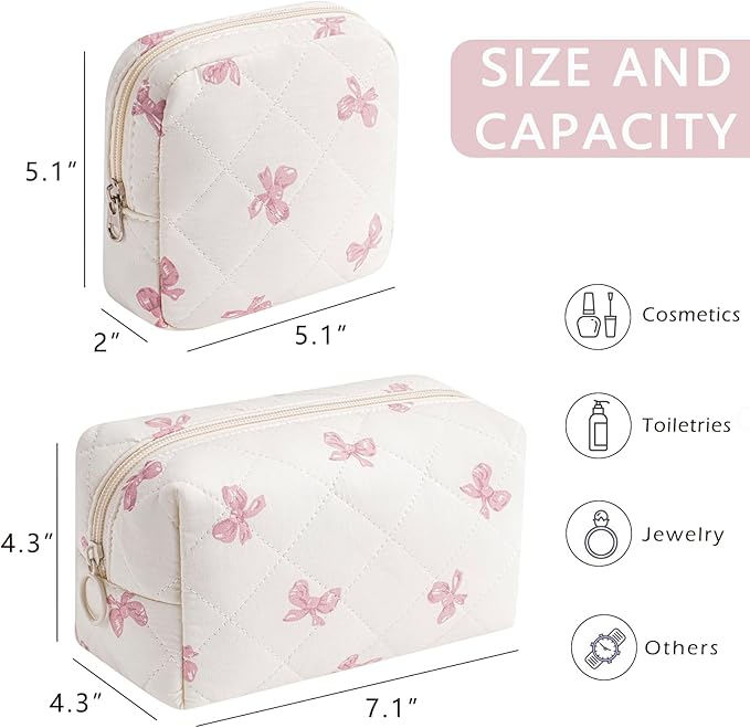 2 Pcs Quilted Cotton Makeup Bag Set, Small Aesthetic Cosmetic Bag with Bow Pattern, Cute Makeup Pouch for Purse, Kawaii Trendy Preppy Travel Toiletry Bag for Women and Girls(19 Pink Bow Set)