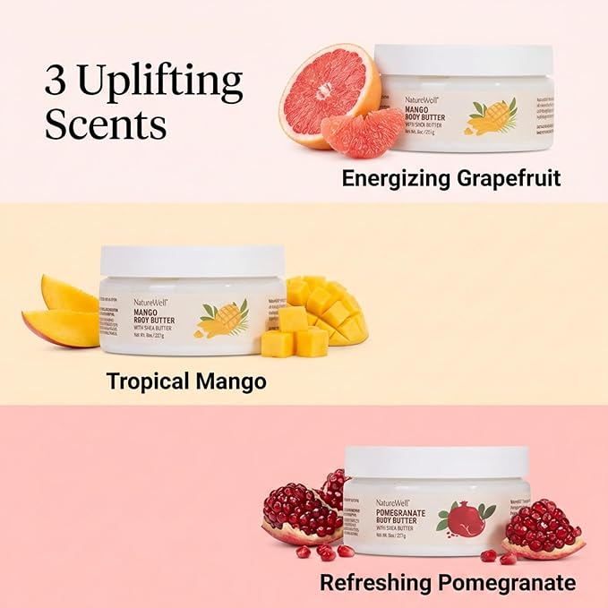 NATURE WELL Shea Body Butter Variety Pack, Includes Grapefruit, Mango, & Pomegranate, Provides Ultimate Nourishment & Hydration, 3 Pack (8 Oz Ea)