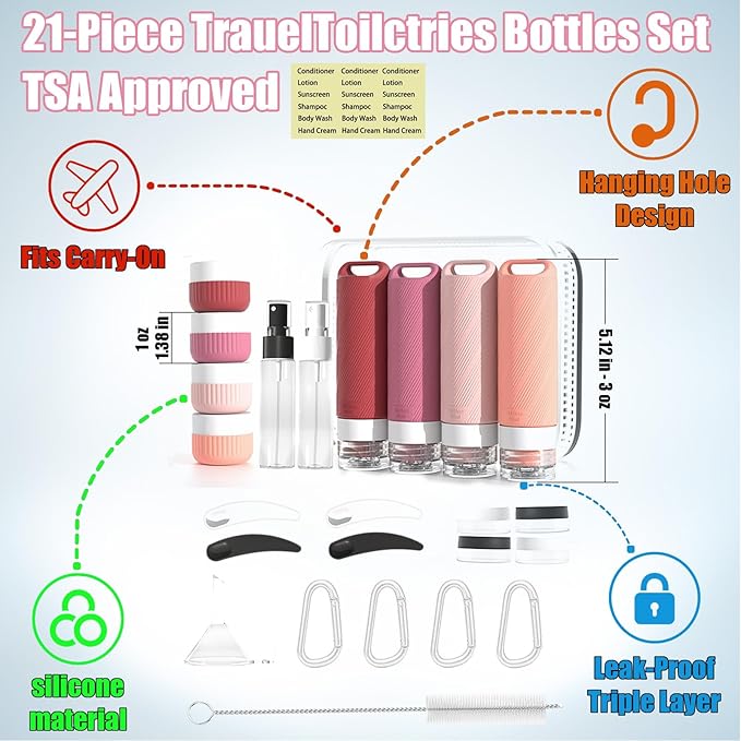 26 Pieces Travel Size Toiletries Bottles Set, Tsa Approved Leakproof Refillable Travel Bottles with Hanging hole design, Silicone Material, Suitable for Shampoo, Conditioner, and Body Lotion