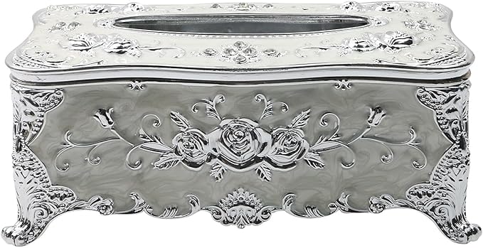 Geesatis Tissue Box Cover, Rectangle Tissue Box Holder, Rectangular Napkin Facial Tissues Holder for Bathroom Toilet Bedroom Living Room Table Desk Office Dresser, 1 Pcs Silver 9''x5''x3.7''