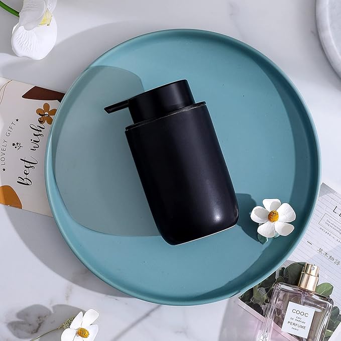 Black Soap Dispenser Set- Modern Ceramic Hand Dish Soap Dispenser for Bathroom Refillable Liquid Lotion Soap for Farmhouse Kitchen Decor Dish 2 Pack