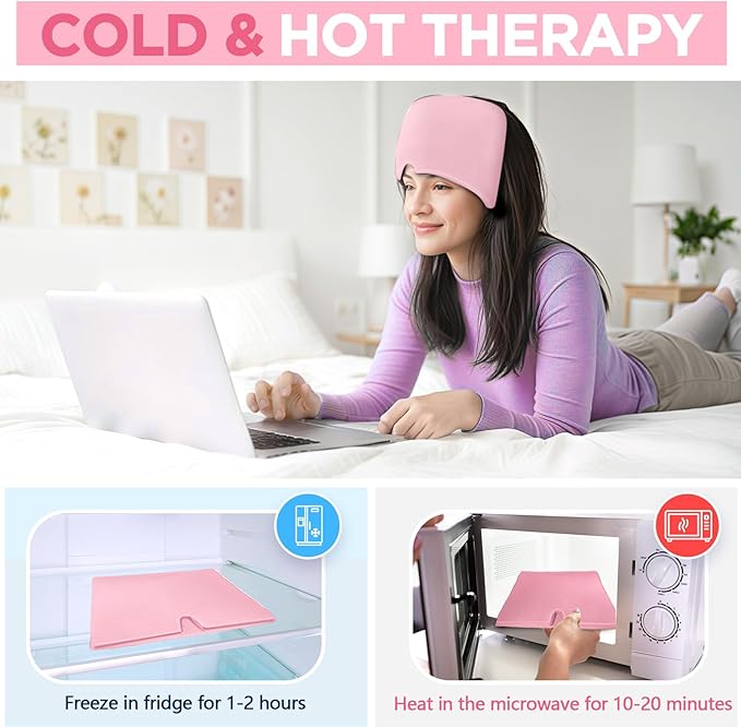 Migraine Relief Cap, Headache Relief Hat for Migraine Cap, Hot and Cold Therapy, Headache Eyes Mask for Stress Relief, Ice Pack Head Wrap for Sinus, Puffy Eyes, Tension, Light Pink