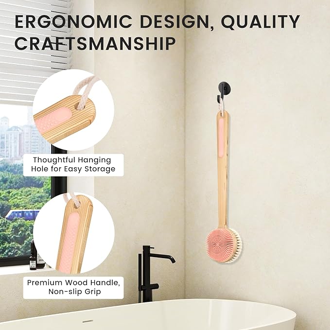 Back Scrubber for Shower - Double-Sided Silicone and Super-Dense Bristles for Deep Cleaning & Exfoliation, Bamboo Long Handle with Wider Anti-Slip Grip, Body Exfoliator for Wet or Dry Brushing